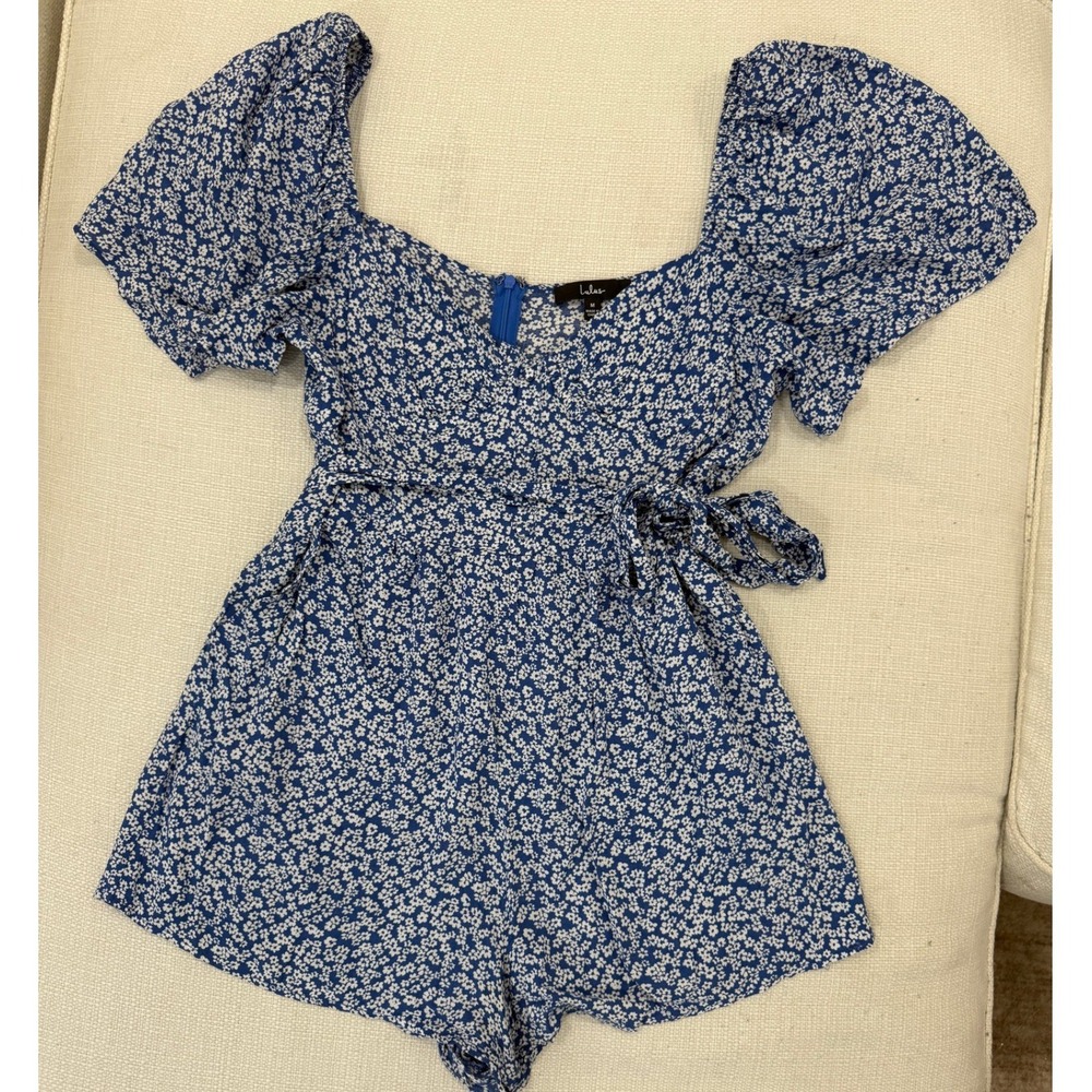 Lulus Romper Womens M Blue Floral Puff Sleeve Wrap Front Excellent